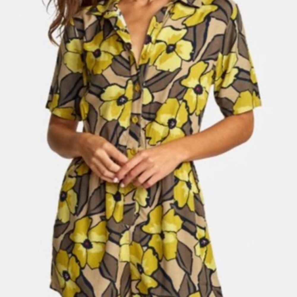 RVCA Yellow and Brown Floral Jumpsuit